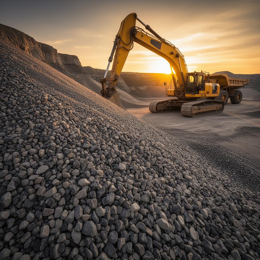 Aggregate quarry with excavator and dump truck at sunset